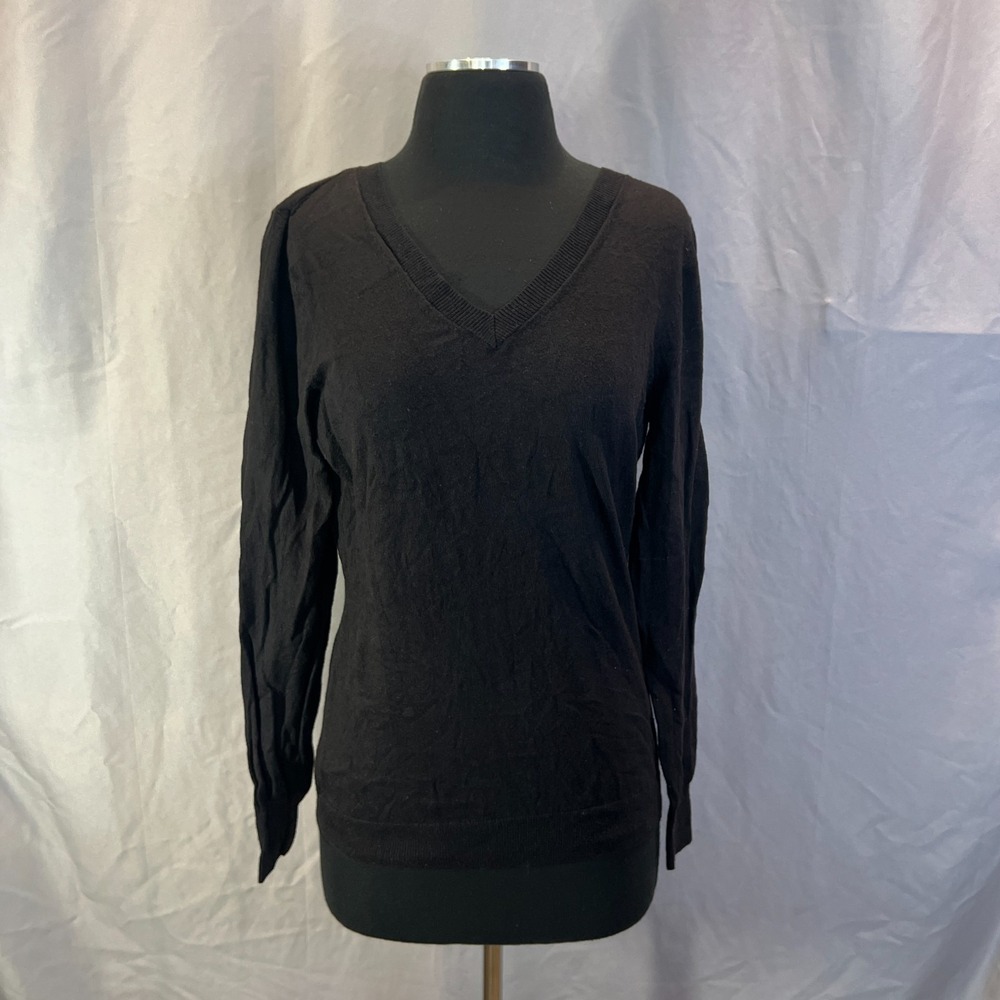 Worthington Sweater Womens Medium Black Cotton Ribbed Trim Long Sleeve V Neck